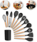 Jogo de Utensílios em Silicone e Madeira – 12 Peças Elegantes - Brilho Shop