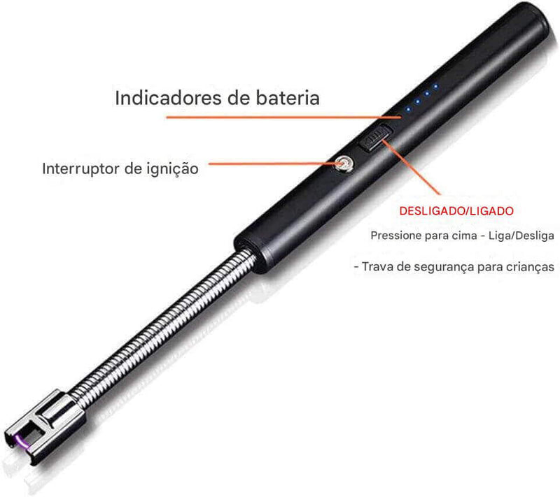 Isqueiro Elétrico Recarregável com Haste Flexível 360º
