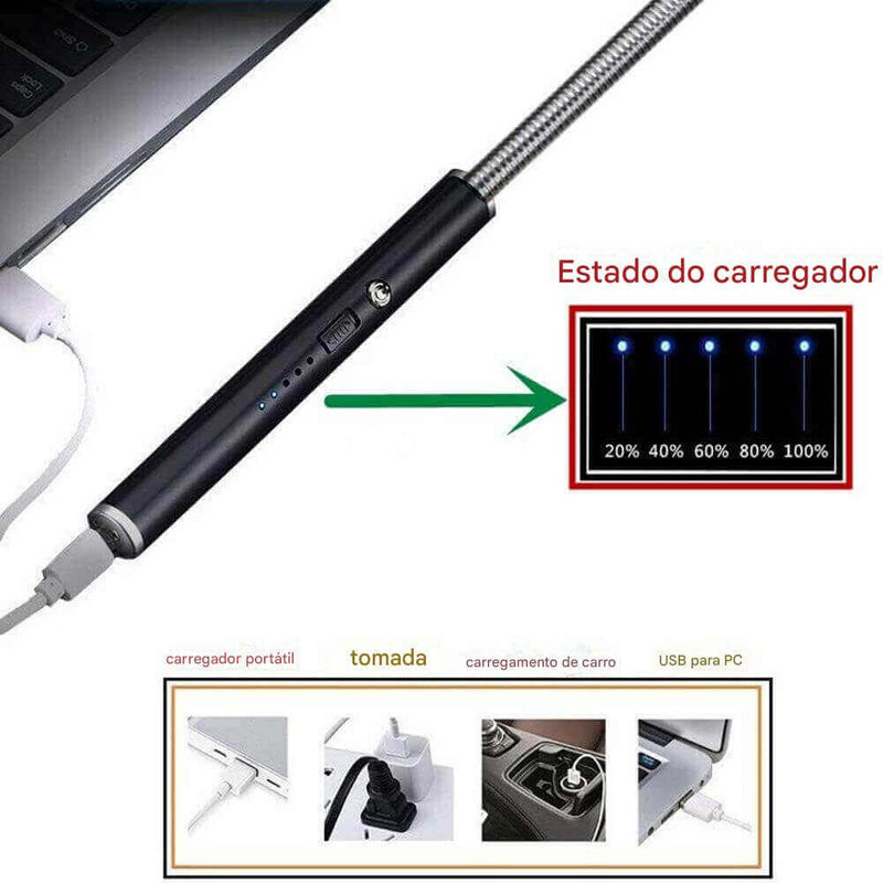 Isqueiro Elétrico Recarregável com Haste Flexível 360º